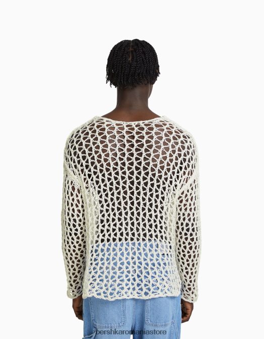 Bershka bărbați pulover din plasă cu decolteu alb Z86D2996 îmbrăcăminte