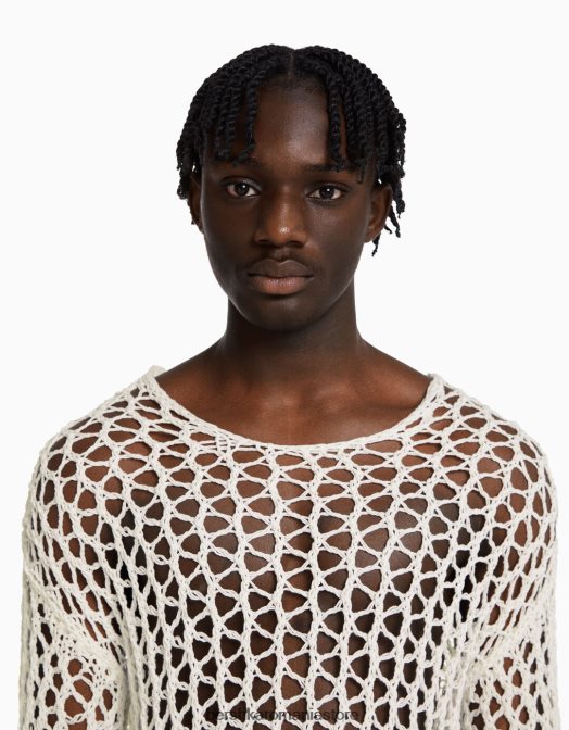 Bershka bărbați pulover din plasă cu decolteu alb Z86D2996 îmbrăcăminte