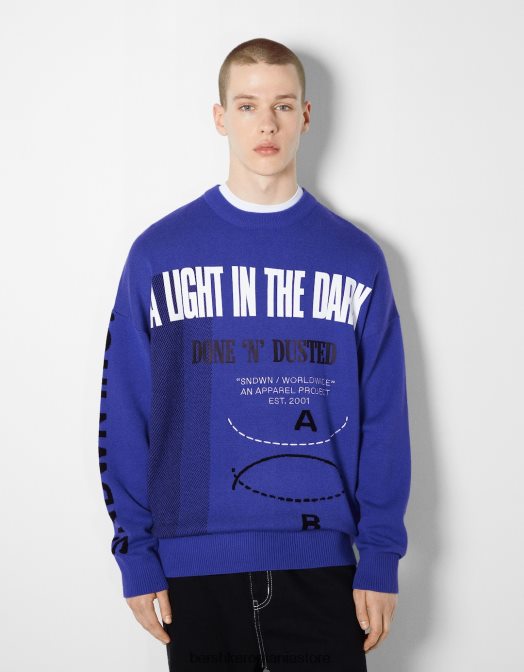 Bershka bărbați pulover imprimat cu maneca lunga albastru Z86D3006 îmbrăcăminte