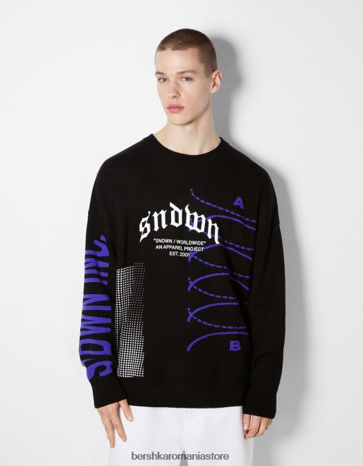 Bershka bărbați pulover imprimat cu maneca lunga negru Z86D3005 îmbrăcăminte