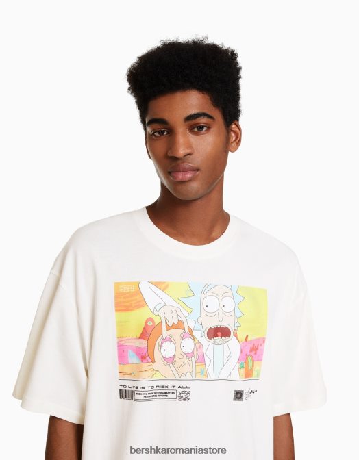 Bershka bărbați Tricou cu mânecă scurtă cu imprimeu rick & morty alb Z86D2856 îmbrăcăminte