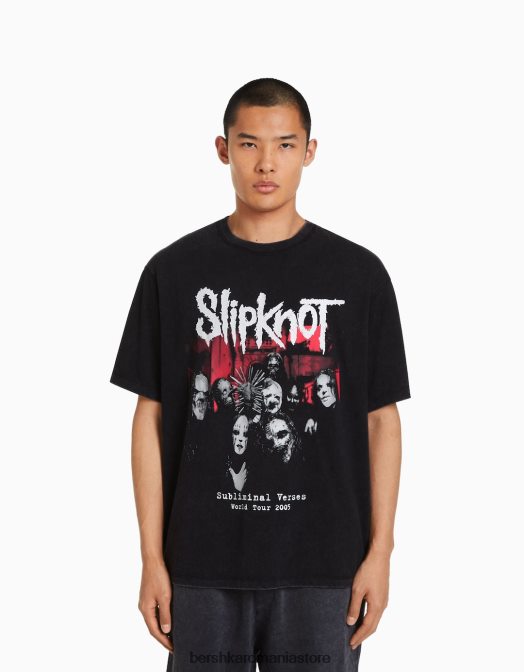 Bershka bărbați Tricou cu mânecă scurtă, cu imprimeu slipknot, cu potrivire boxy gri inchis Z86D2729 îmbrăcăminte