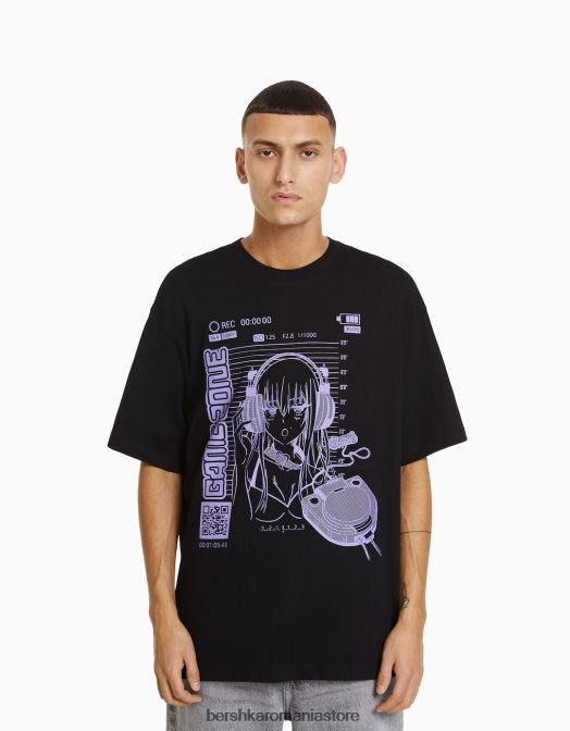 Bershka bărbați Tricou cu mânecă scurtă din anii \'90, cu imprimeu anime negru Z86D2733 îmbrăcăminte