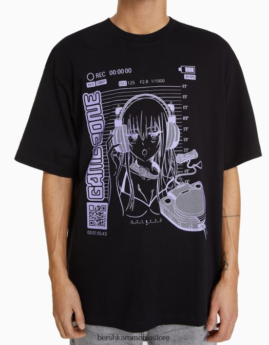 Bershka bărbați Tricou cu mânecă scurtă din anii \'90, cu imprimeu anime negru Z86D2733 îmbrăcăminte