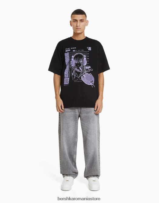 Bershka bărbați Tricou cu mânecă scurtă din anii \'90, cu imprimeu anime negru Z86D2733 îmbrăcăminte