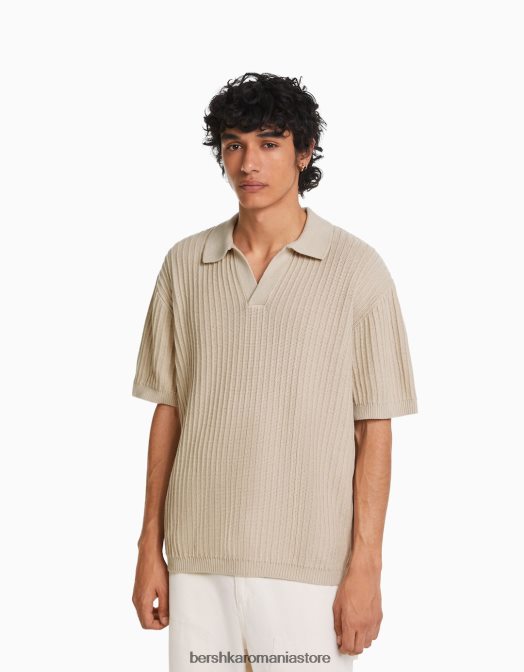 Bershka bărbați polo cu mânecă scurtă din tricot cu nervuri cremă Z86D2801 îmbrăcăminte
