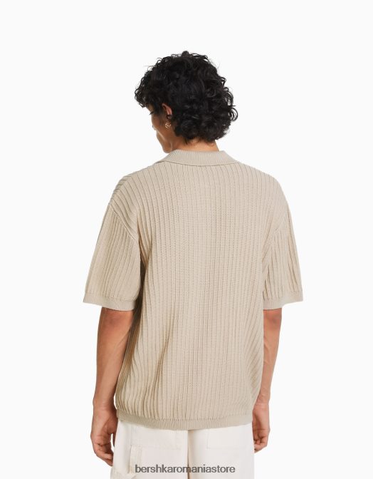 Bershka bărbați polo cu mânecă scurtă din tricot cu nervuri cremă Z86D2801 îmbrăcăminte