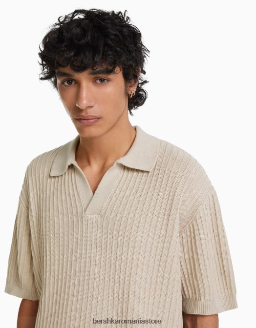 Bershka bărbați polo cu mânecă scurtă din tricot cu nervuri cremă Z86D2801 îmbrăcăminte