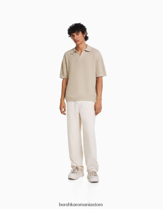 Bershka bărbați polo cu mânecă scurtă din tricot cu nervuri cremă Z86D2801 îmbrăcăminte
