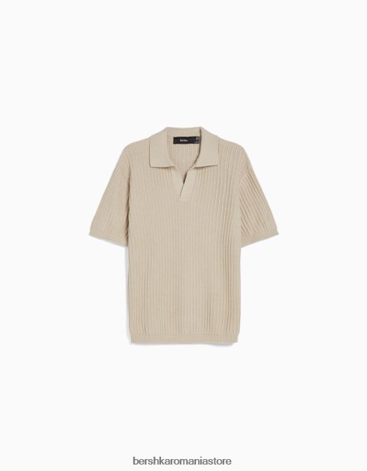 Bershka bărbați polo cu mânecă scurtă din tricot cu nervuri cremă Z86D2801 îmbrăcăminte