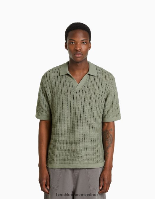 Bershka bărbați polo cu mânecă scurtă din tricot texturat verde Z86D2800 îmbrăcăminte