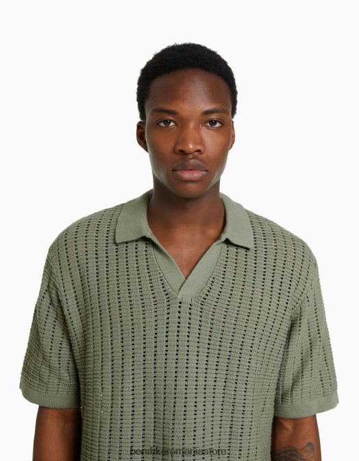 Bershka bărbați polo cu mânecă scurtă din tricot texturat verde Z86D2800 îmbrăcăminte