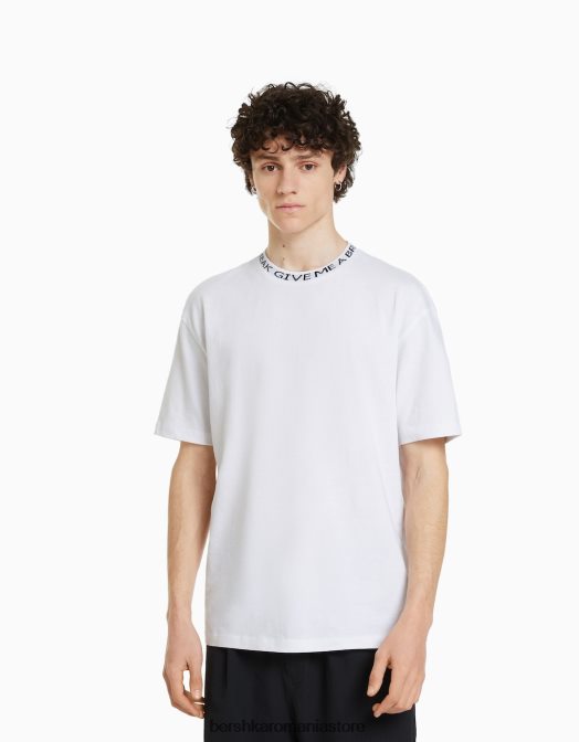 Bershka bărbați tricou boxy cu maneca scurta, cu gat imprimat alb Z86D2716 îmbrăcăminte
