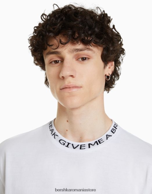 Bershka bărbați tricou boxy cu maneca scurta, cu gat imprimat alb Z86D2716 îmbrăcăminte