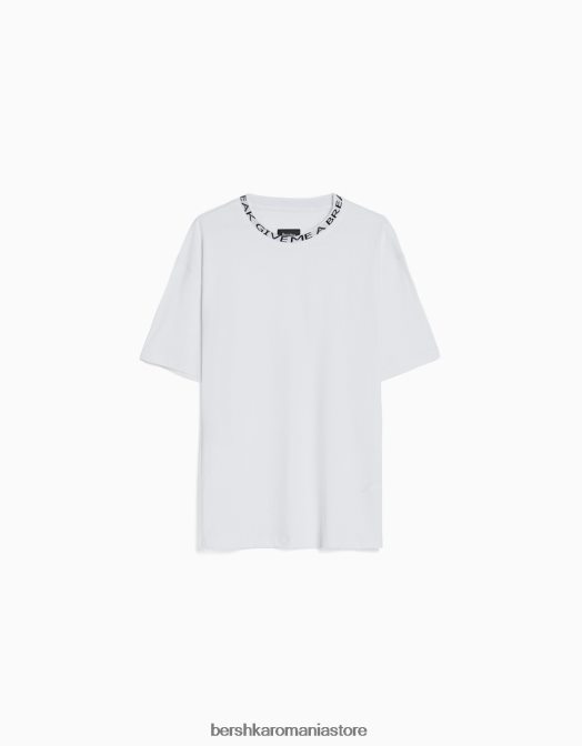 Bershka bărbați tricou boxy cu maneca scurta, cu gat imprimat alb Z86D2716 îmbrăcăminte