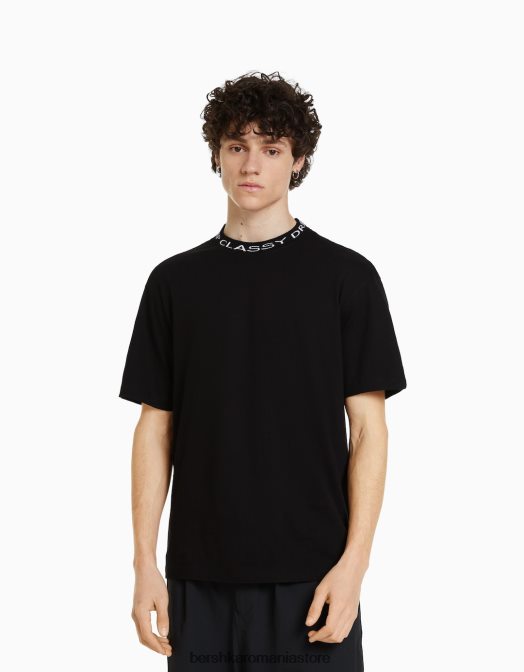 Bershka bărbați tricou boxy cu maneca scurta, cu gat imprimat negru Z86D2717 îmbrăcăminte