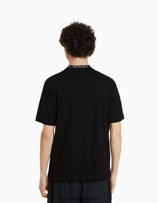 Bershka bărbați tricou boxy cu maneca scurta, cu gat imprimat negru Z86D2717 îmbrăcăminte