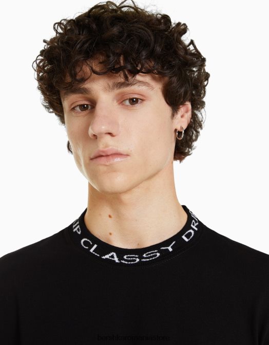 Bershka bărbați tricou boxy cu maneca scurta, cu gat imprimat negru Z86D2717 îmbrăcăminte