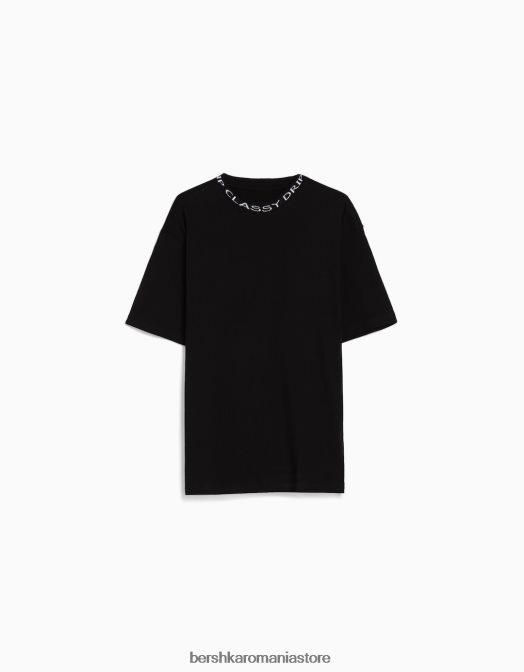 Bershka bărbați tricou boxy cu maneca scurta, cu gat imprimat negru Z86D2717 îmbrăcăminte