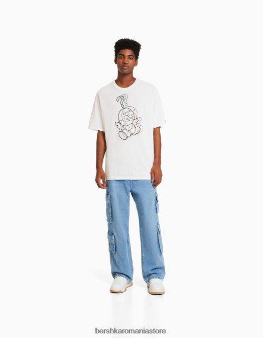 Bershka bărbați tricou boxy cu maneca scurta cu imprimeu folie alb Z86D2753 îmbrăcăminte