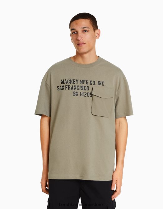 Bershka bărbați tricou boxy cu maneca scurta cu imprimeu kaki Z86D2833 îmbrăcăminte