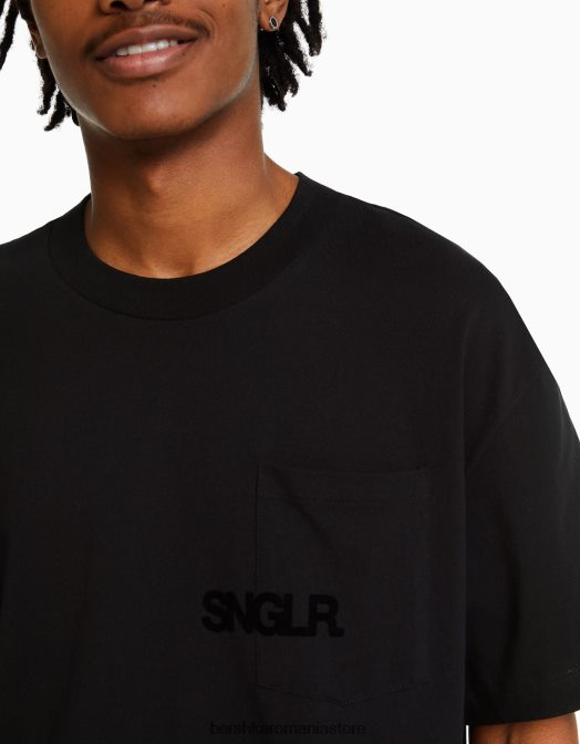 Bershka bărbați tricou boxy cu maneca scurta si buzunar negru Z86D2657 îmbrăcăminte