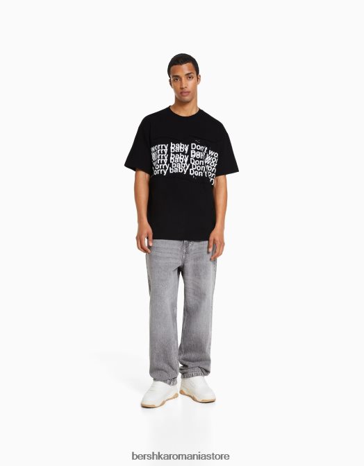 Bershka bărbați tricou boxy-fit cu maneca scurta cu petice negru Z86D2841 îmbrăcăminte