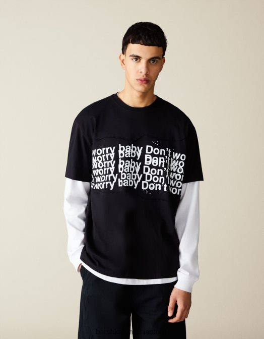 Bershka bărbați tricou boxy-fit cu maneca scurta cu petice negru Z86D2841 îmbrăcăminte