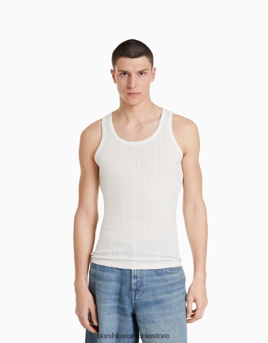 Bershka bărbați tricou cu bretele din tricot pointelle alb Z86D2839 îmbrăcăminte