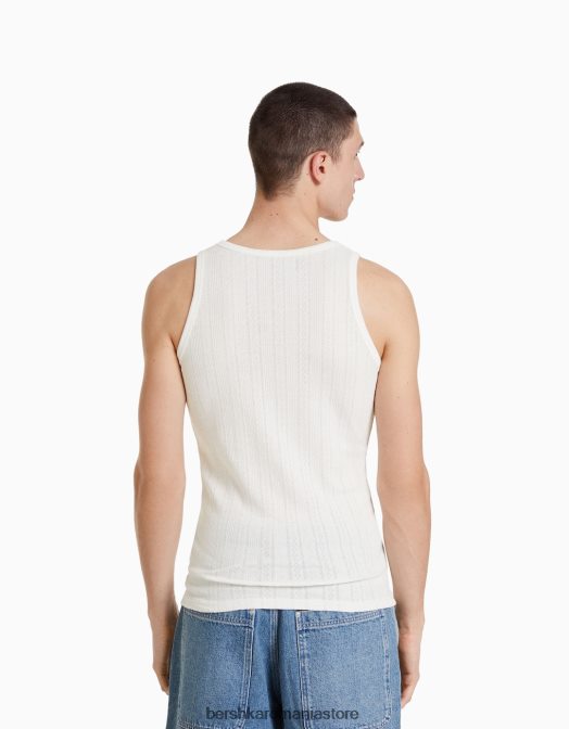 Bershka bărbați tricou cu bretele din tricot pointelle alb Z86D2839 îmbrăcăminte