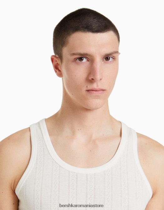 Bershka bărbați tricou cu bretele din tricot pointelle alb Z86D2839 îmbrăcăminte
