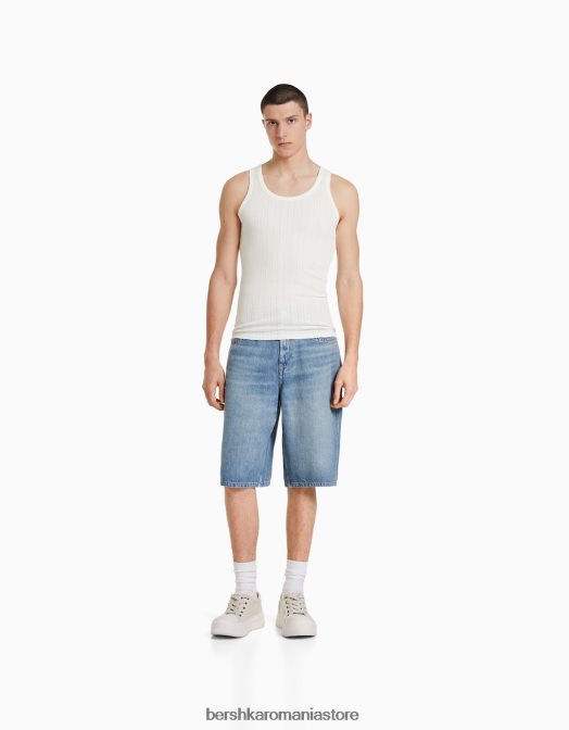 Bershka bărbați tricou cu bretele din tricot pointelle alb Z86D2839 îmbrăcăminte