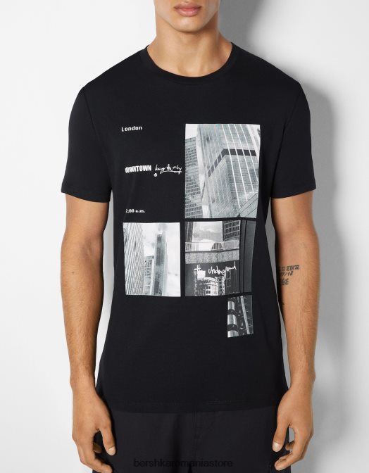 Bershka bărbați tricou cu imprimeu fotografic cu maneca scurta negru Z86D2675 îmbrăcăminte