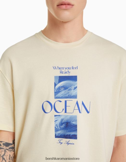 Bershka bărbați tricou cu imprimeu textur cu mânecă scurtă, în formă boxy aproape alb Z86D2695 îmbrăcăminte