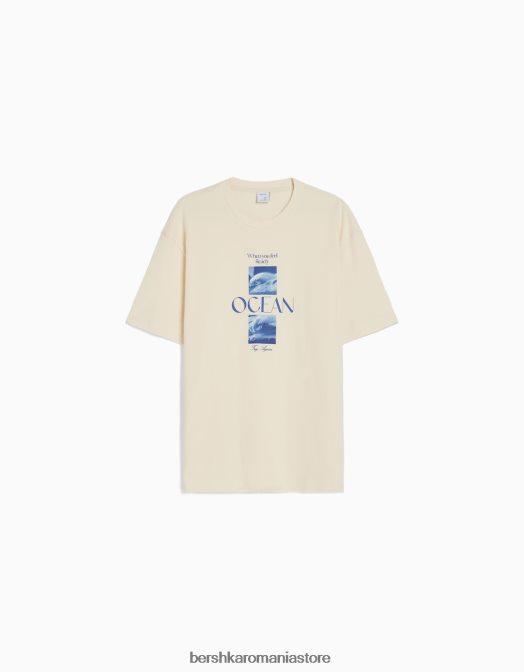 Bershka bărbați tricou cu imprimeu textur cu mânecă scurtă, în formă boxy aproape alb Z86D2695 îmbrăcăminte