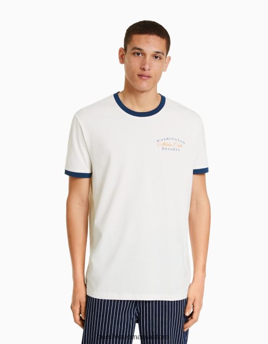 Bershka bărbați tricou cu mânecă scurtă, cu croială normală, cu nervură contrastantă aproape alb Z86D2634 îmbrăcăminte