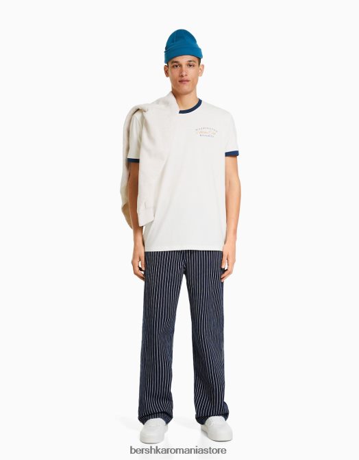 Bershka bărbați tricou cu mânecă scurtă, cu croială normală, cu nervură contrastantă aproape alb Z86D2634 îmbrăcăminte