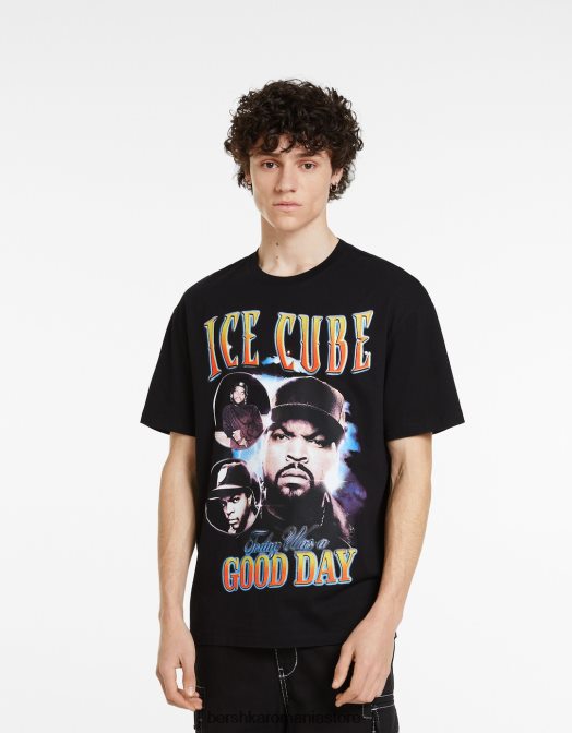 Bershka bărbați tricou cu mânecă scurtă, cu imprimeu cub de gheață negru Z86D2821 îmbrăcăminte