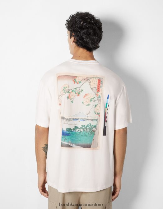 Bershka bărbați tricou cu mânecă scurtă cu imprimeu din seria de artă alb Z86D2639 îmbrăcăminte