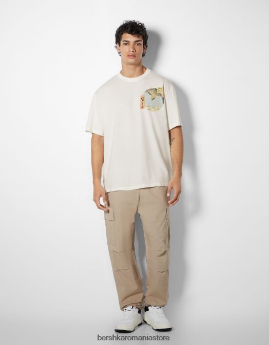 Bershka bărbați tricou cu mânecă scurtă cu imprimeu din seria de artă alb Z86D2639 îmbrăcăminte