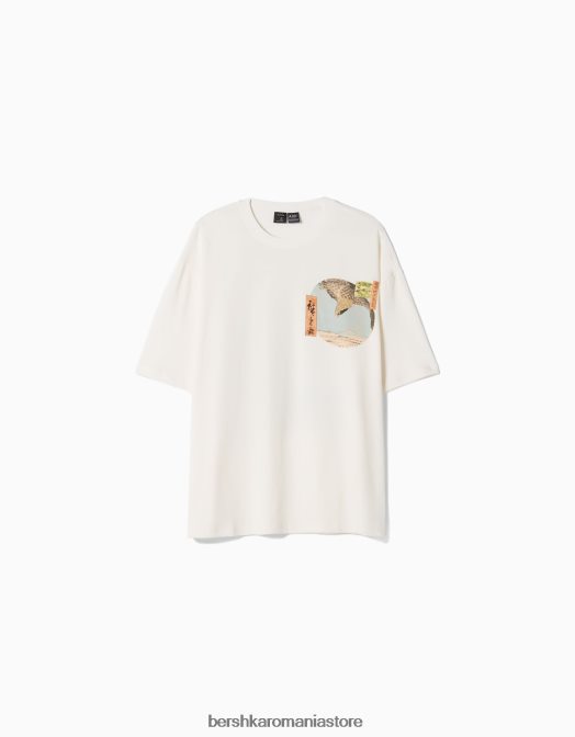 Bershka bărbați tricou cu mânecă scurtă cu imprimeu din seria de artă alb Z86D2639 îmbrăcăminte