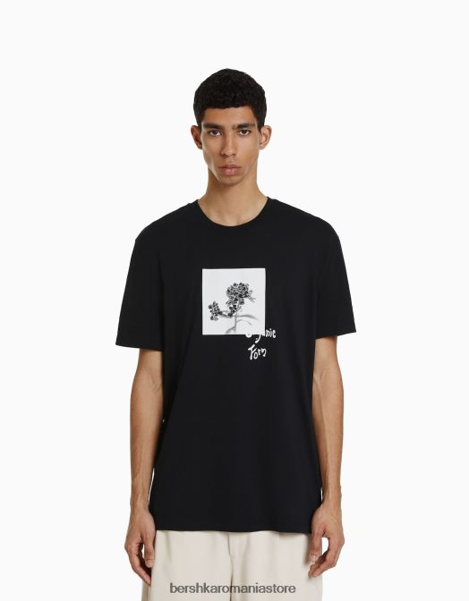 Bershka bărbați tricou cu mânecă scurtă cu imprimeu floral negru Z86D2762 îmbrăcăminte