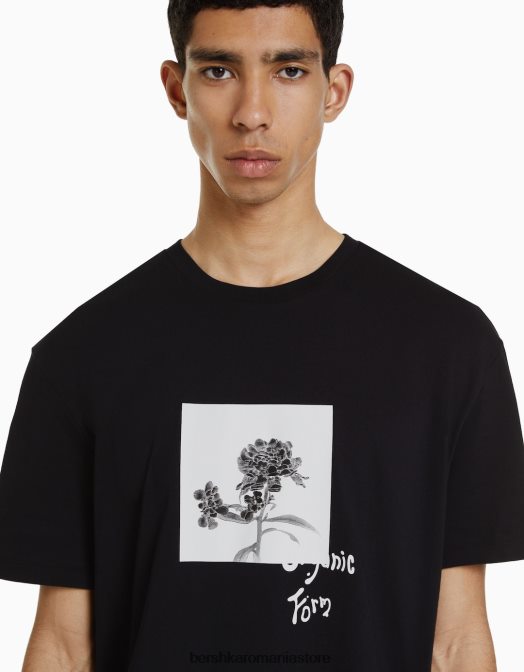 Bershka bărbați tricou cu mânecă scurtă cu imprimeu floral negru Z86D2762 îmbrăcăminte