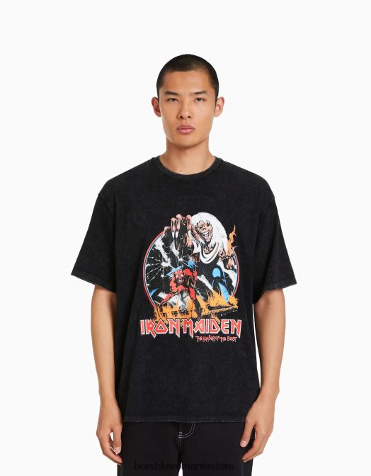 Bershka bărbați tricou cu mânecă scurtă cu imprimeu iron maiden gri inchis Z86D2728 îmbrăcăminte