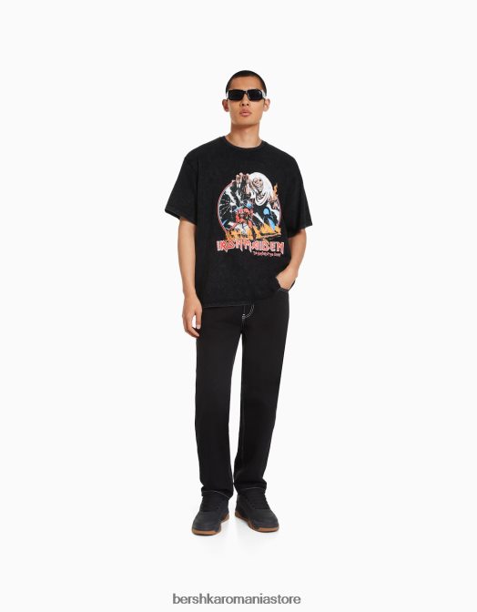 Bershka bărbați tricou cu mânecă scurtă cu imprimeu iron maiden gri inchis Z86D2728 îmbrăcăminte