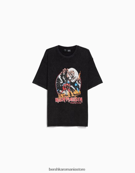 Bershka bărbați tricou cu mânecă scurtă cu imprimeu iron maiden gri inchis Z86D2728 îmbrăcăminte