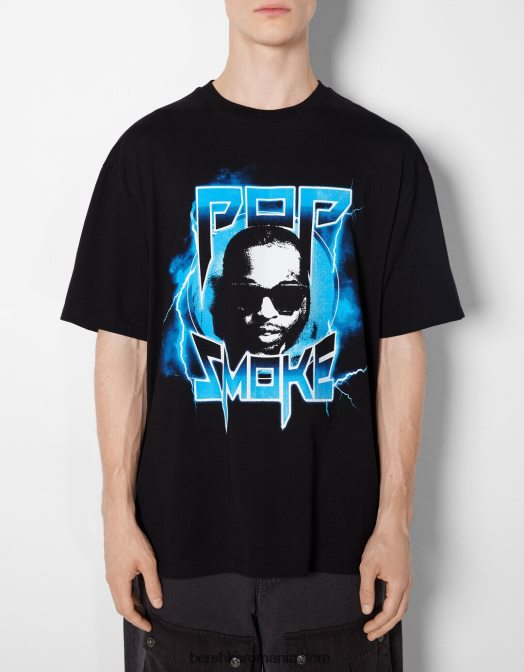 Bershka bărbați tricou cu mânecă scurtă cu imprimeu pop smoke negru Z86D2699 îmbrăcăminte