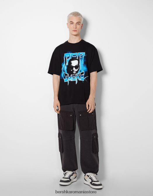 Bershka bărbați tricou cu mânecă scurtă cu imprimeu pop smoke negru Z86D2699 îmbrăcăminte