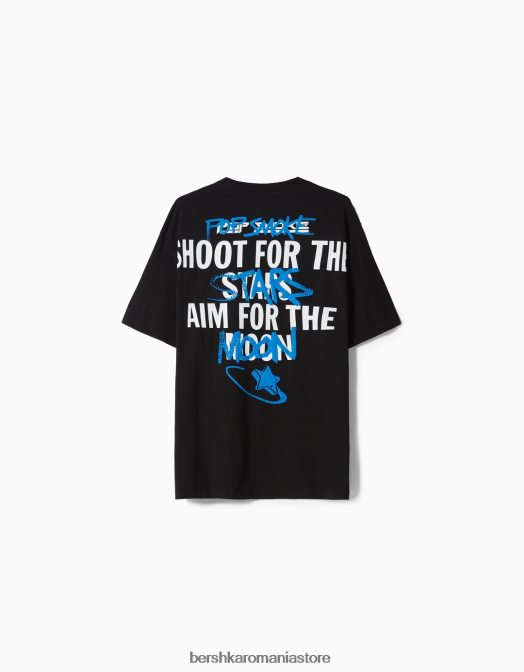 Bershka bărbați tricou cu mânecă scurtă cu imprimeu pop smoke negru Z86D2699 îmbrăcăminte