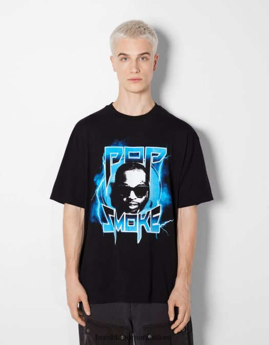 Bershka bărbați tricou cu mânecă scurtă cu imprimeu pop smoke negru Z86D2700 îmbrăcăminte